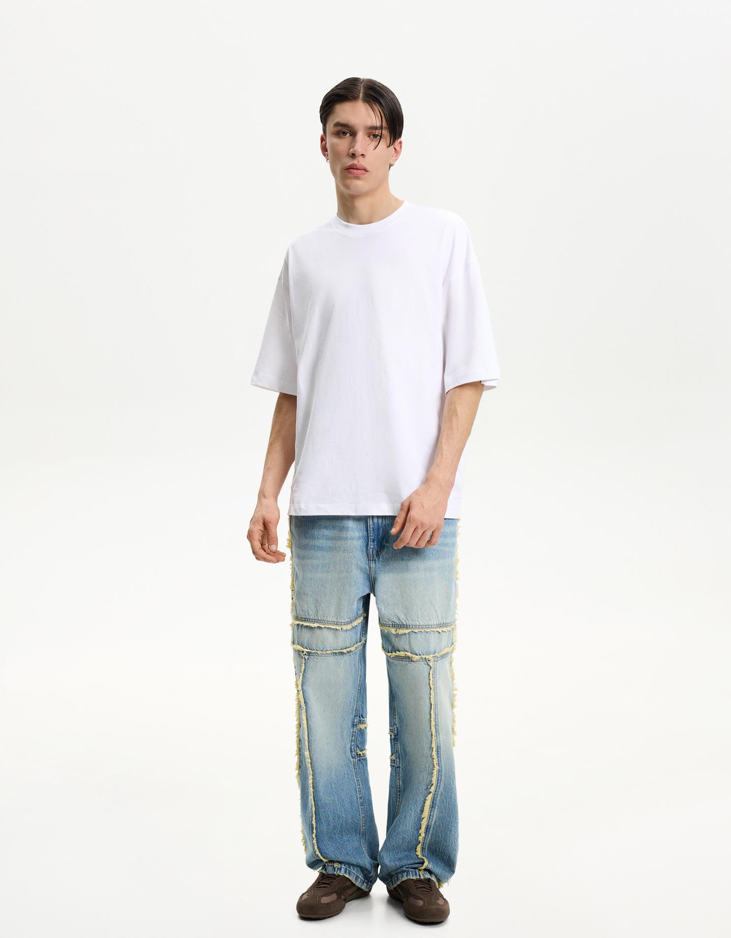 Bershka Jeans Baggy Frange Uomo 42 (Eu 36) Azzurro Lavato