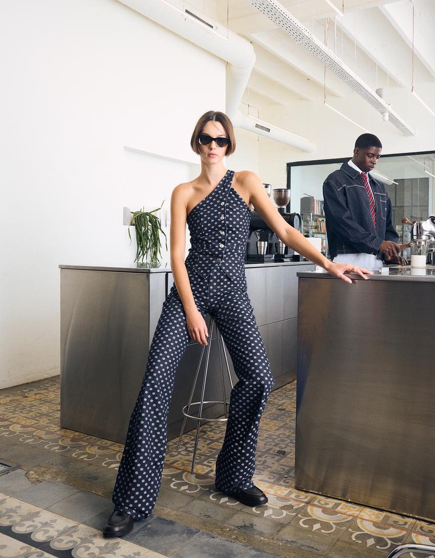 Jeans straight wide leg tiro algo lunares-Marino