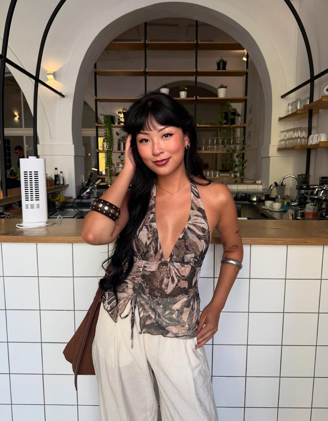 Printed tulle halter top with gathering
