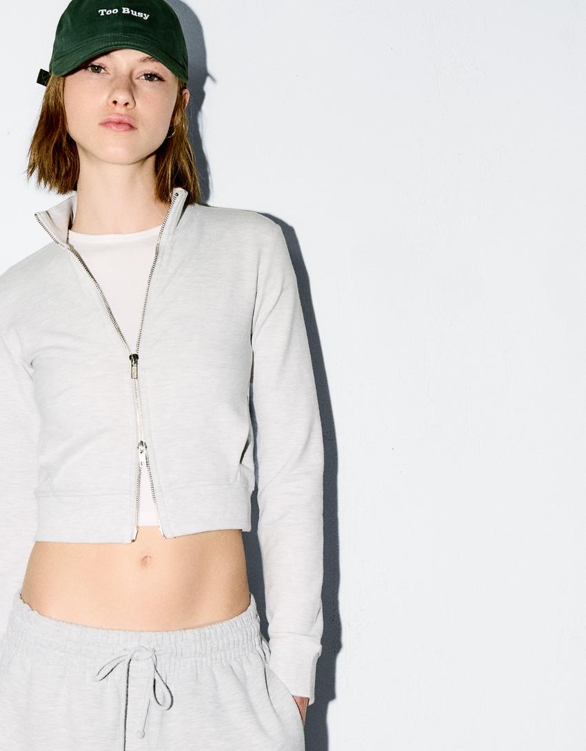 Sweatshirt med hög krage och dragkedja-Grå-1