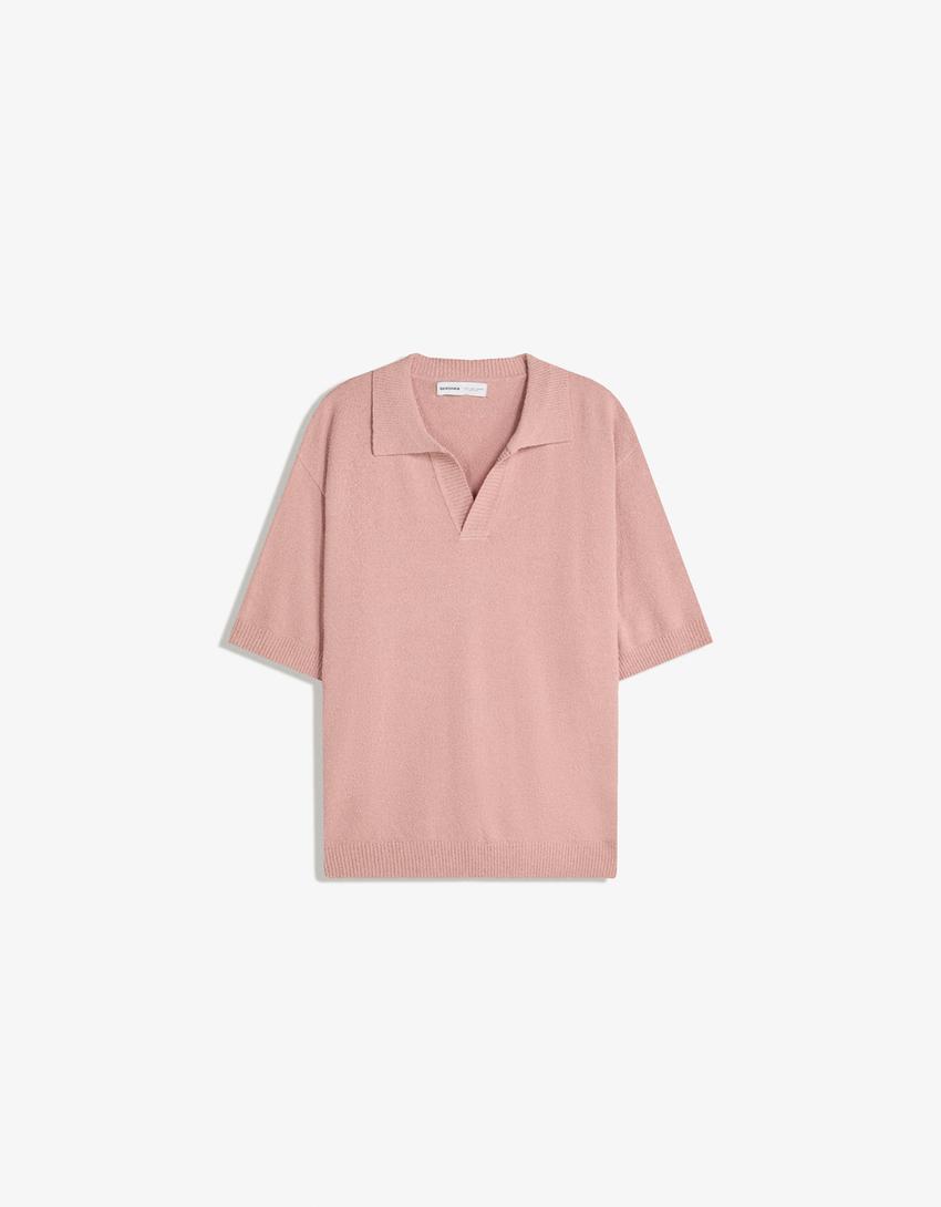Textured terry polo shirt-Pink-4
