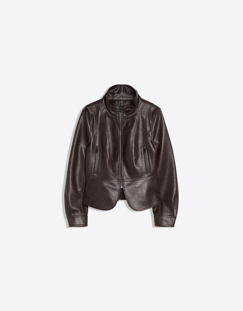 Faux leather peplum jacket-Brown