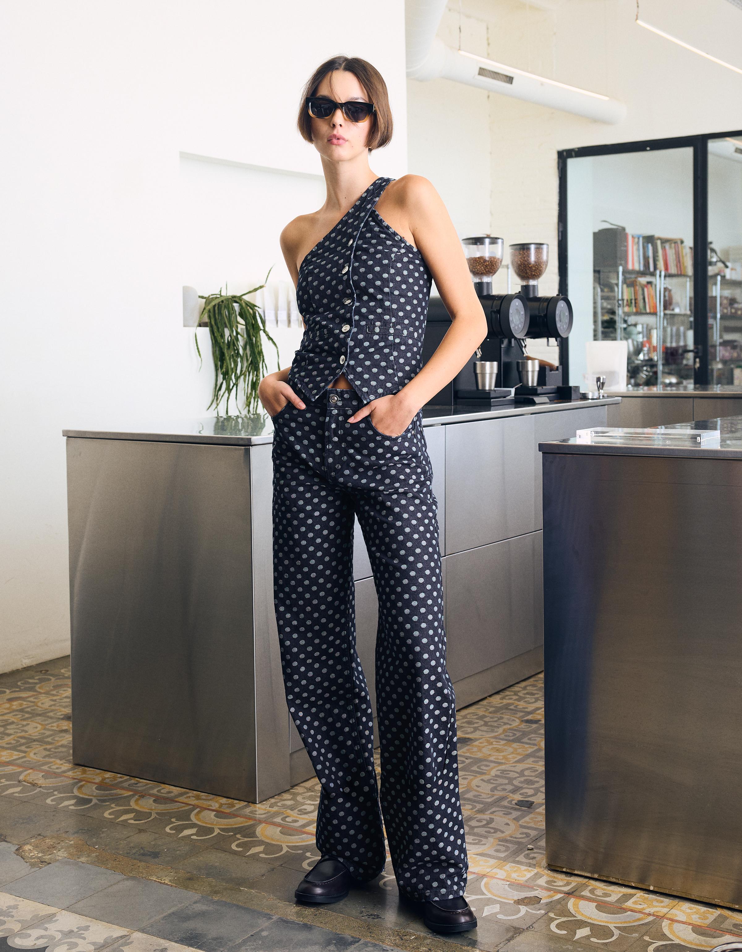 Puantiye desenli yüksek bel straight fit jean - Görsel 11