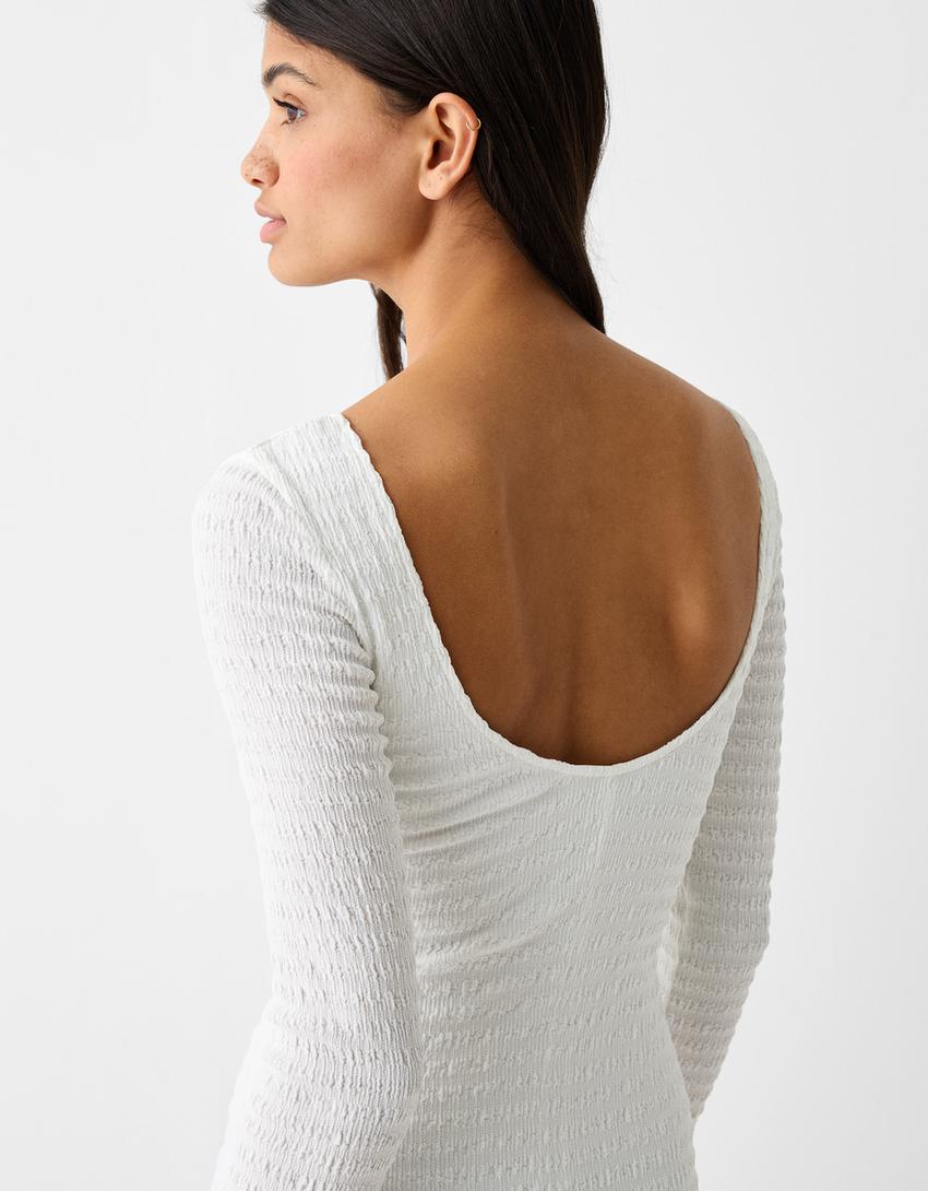 Vestido mini manga comprida efeito de waffle-Cru-3