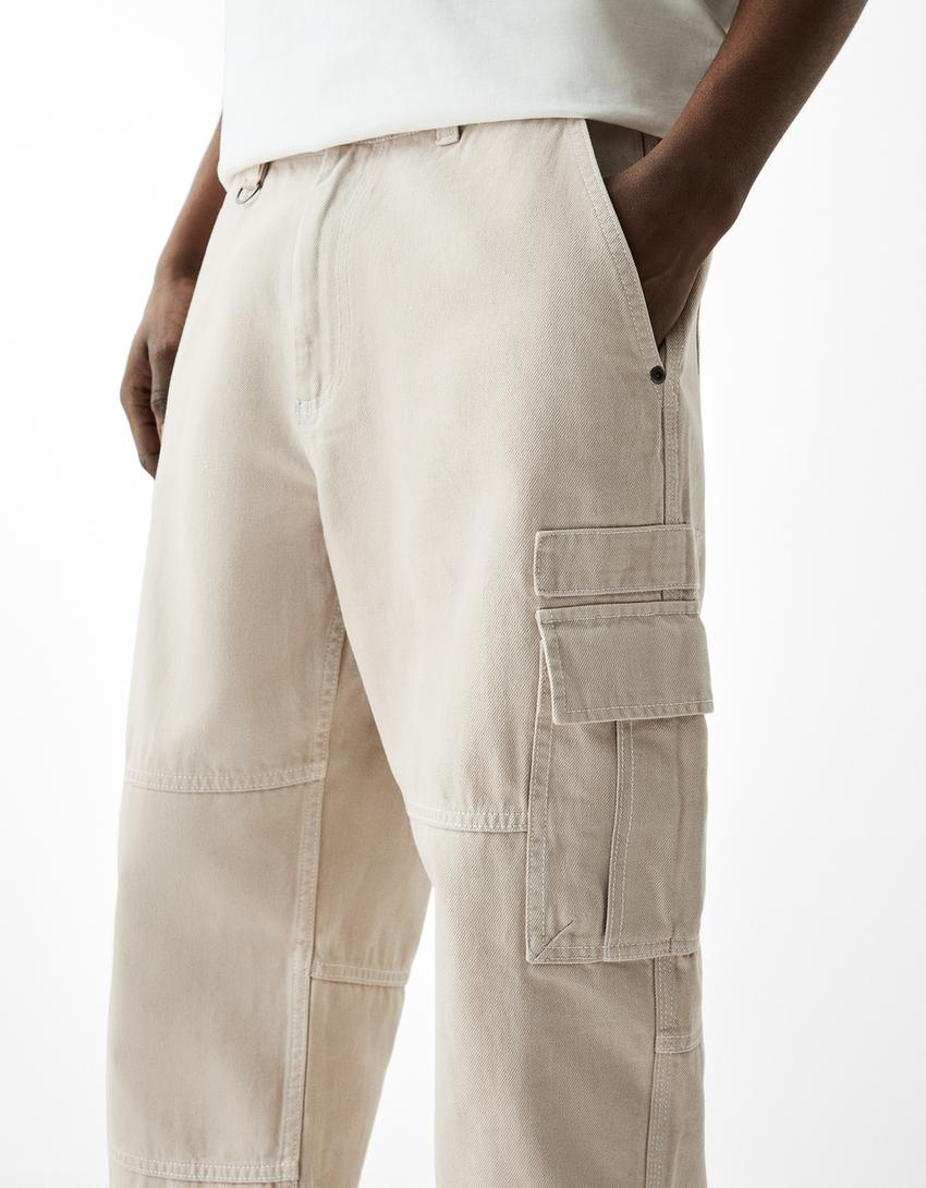 Cotton cargo trousers with contrast seams-Sand-3