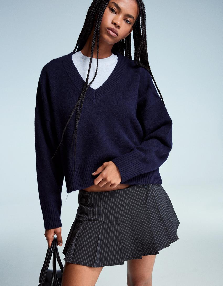 V-neck cropped sweater-Blue