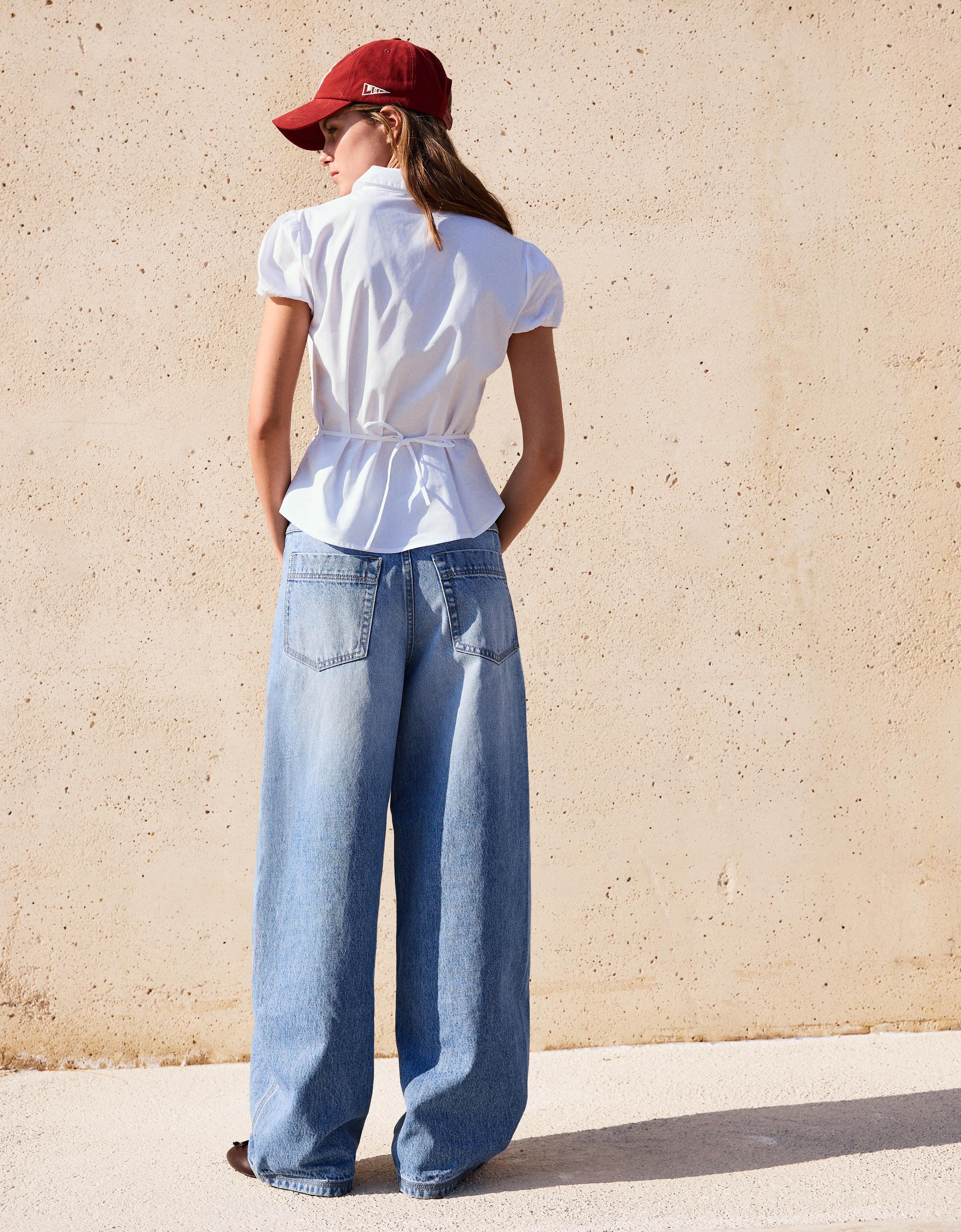 Kısa kollu poplin bağlamalı gömlek - Görsel 14