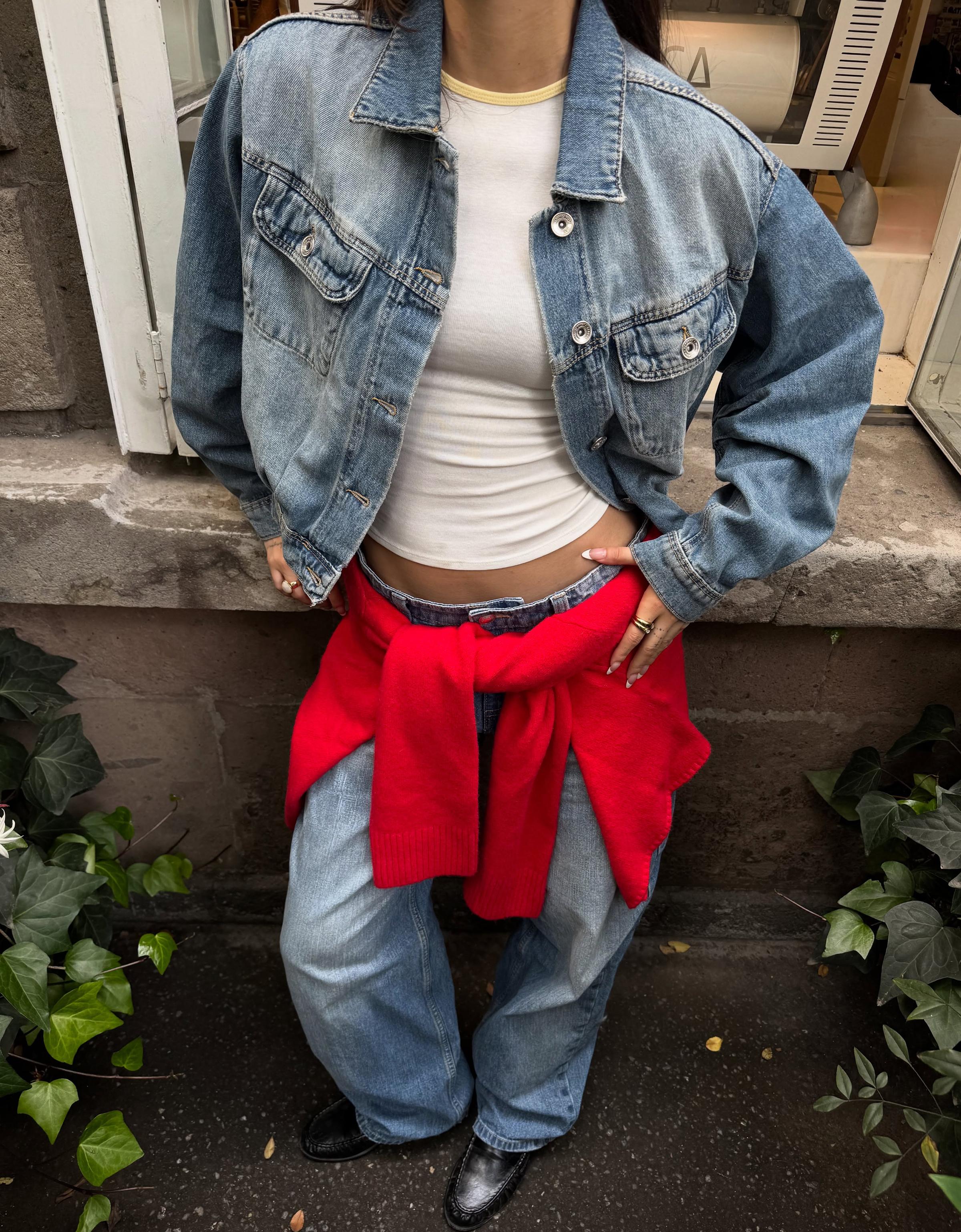 Cropped balloon denim jacket