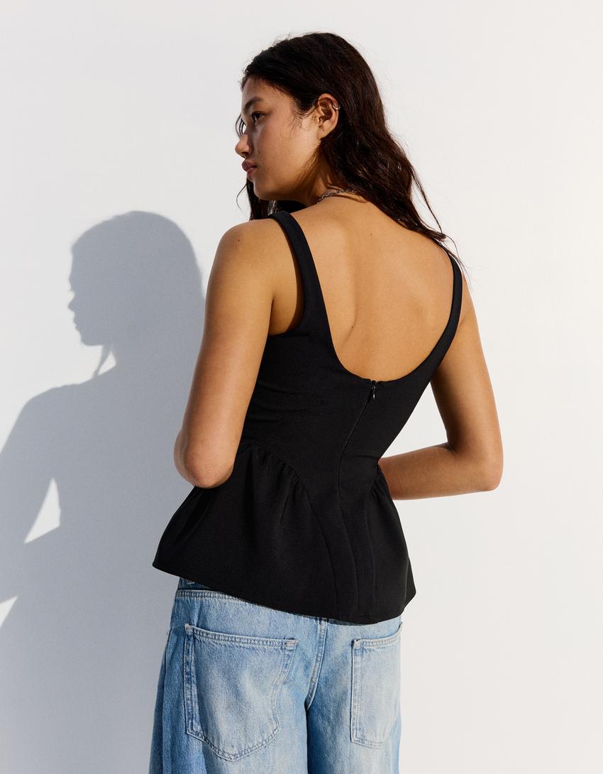 Strappy peplum top-Black