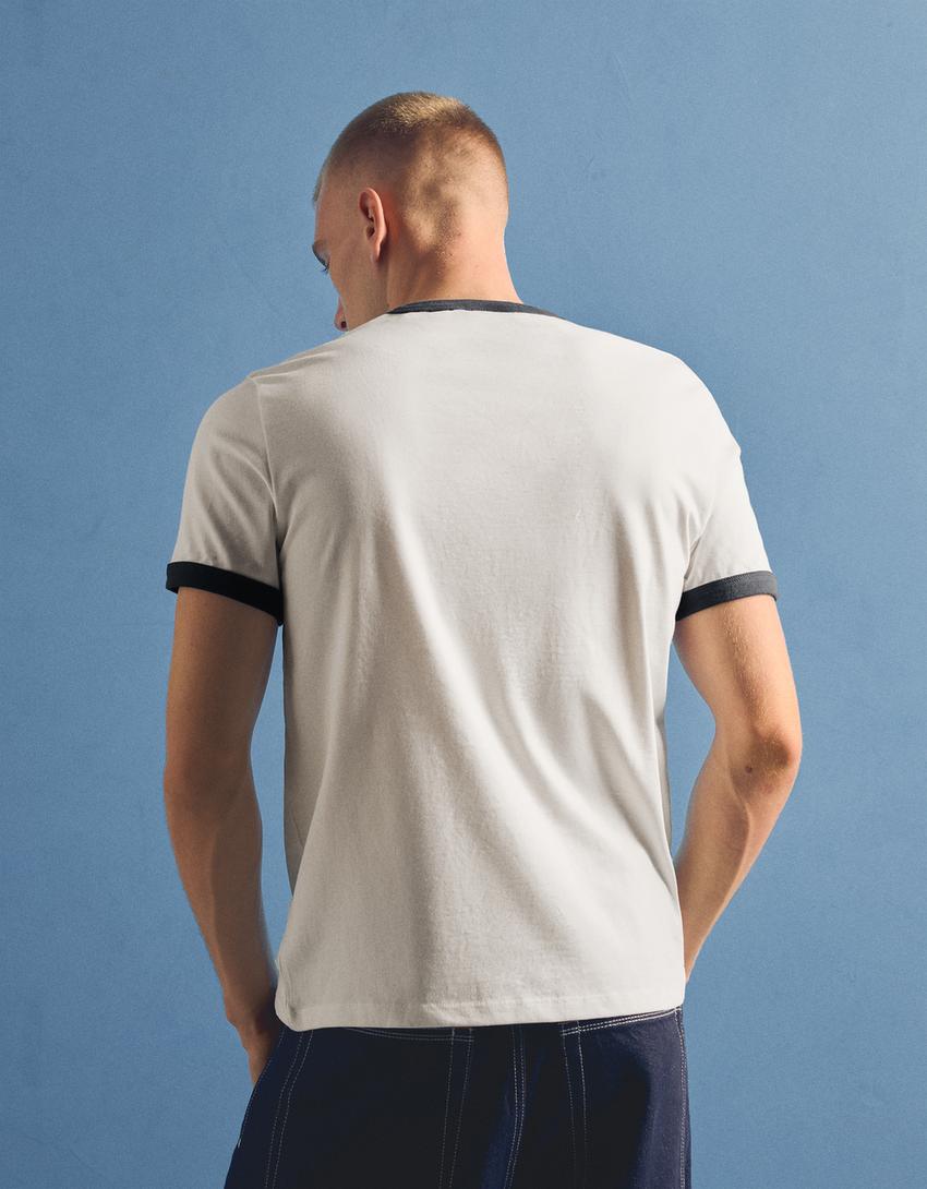 T-shirt manches courtes côtelé contrastant-Blanc cassé