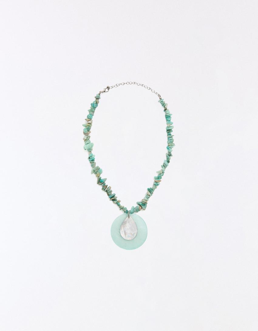 Sedef ve taşlı kolye-Açık mavi