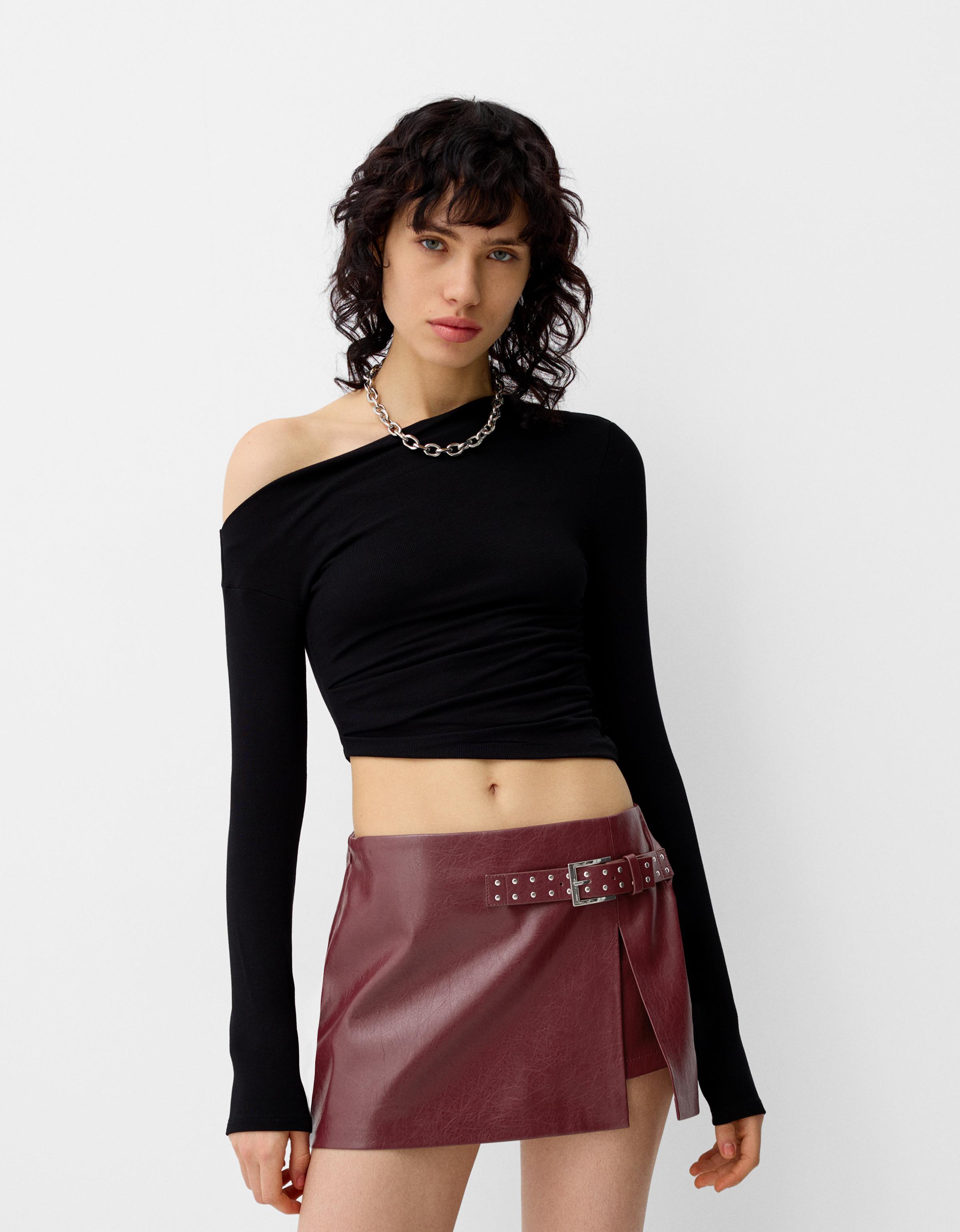 Bershka Minirock Aus Kunstleder Damen Xs Granatrot