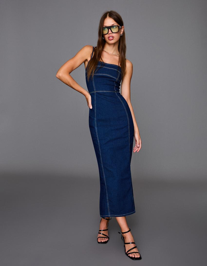 Vestido comprido de ganga-Marinho-0