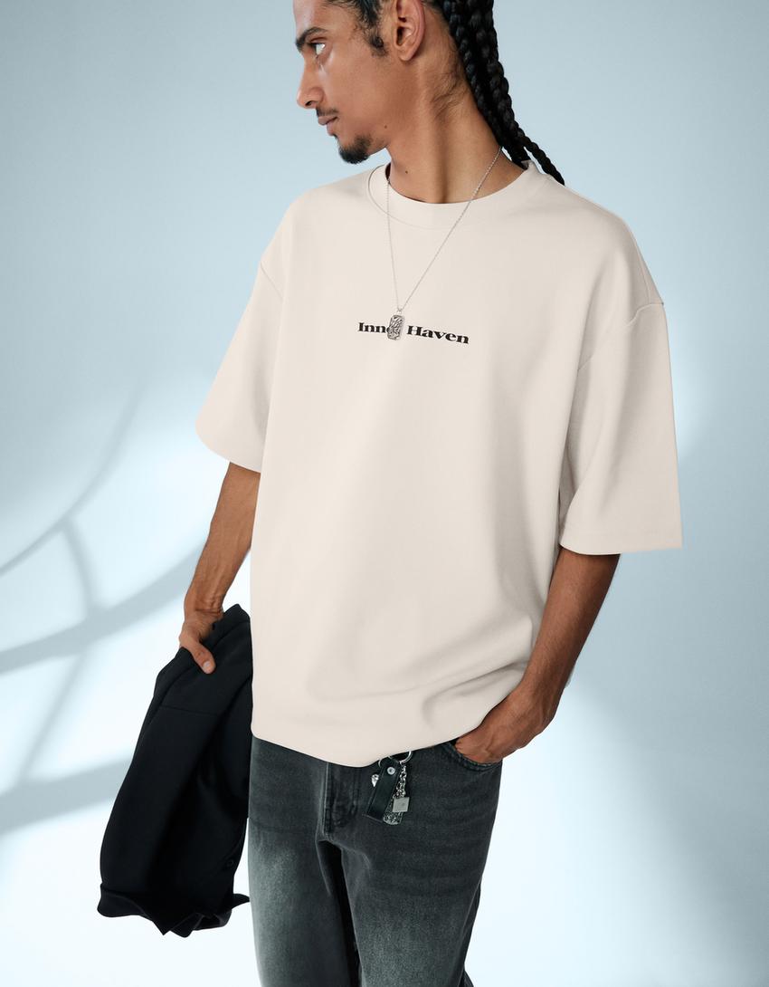 Short sleeve plush T-shirt with print-Sand