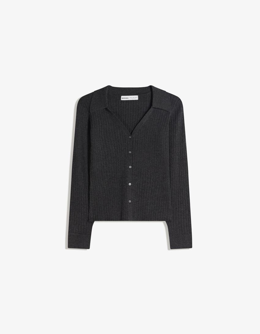 Ribbed polo collar cardigan-Dark grey