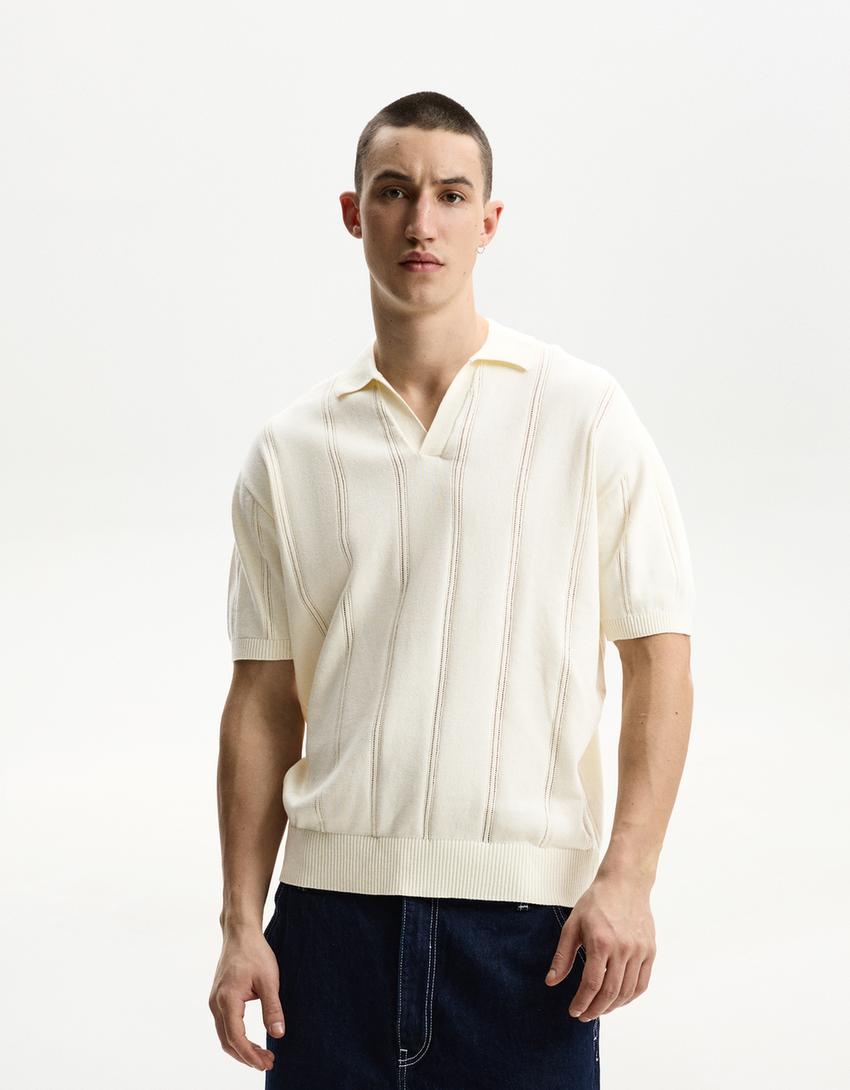 Textured short sleeve polo shirt-Off white