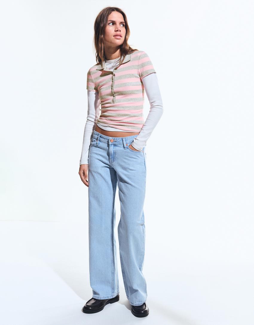 Polo manga curta às riscas-Rosa