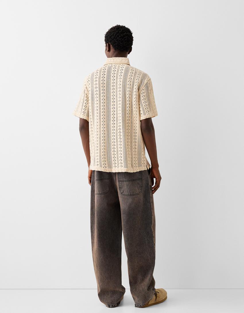 قميص كروشيه بأكمام قصيرة-كريمي-1