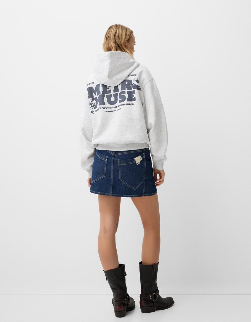 Desenli kapüşonlu sweatshirt-Gri-1