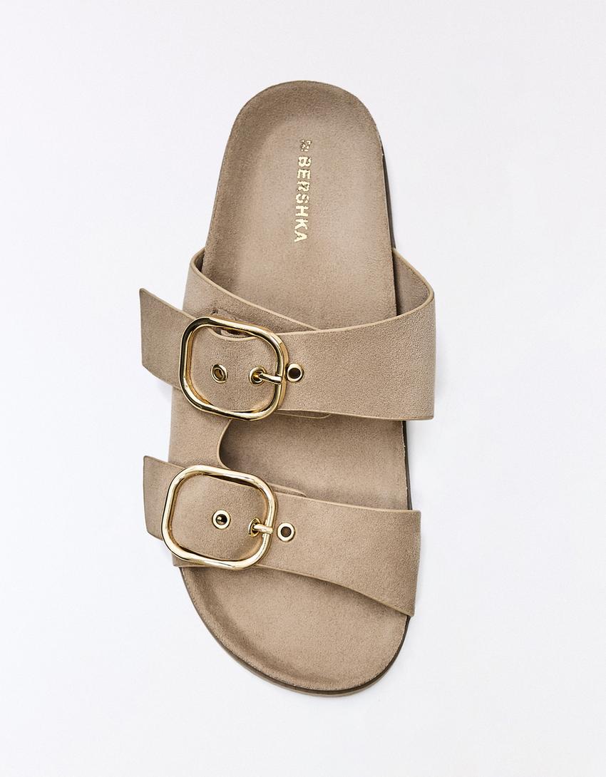 Buckled flat slider sandals-SAND
