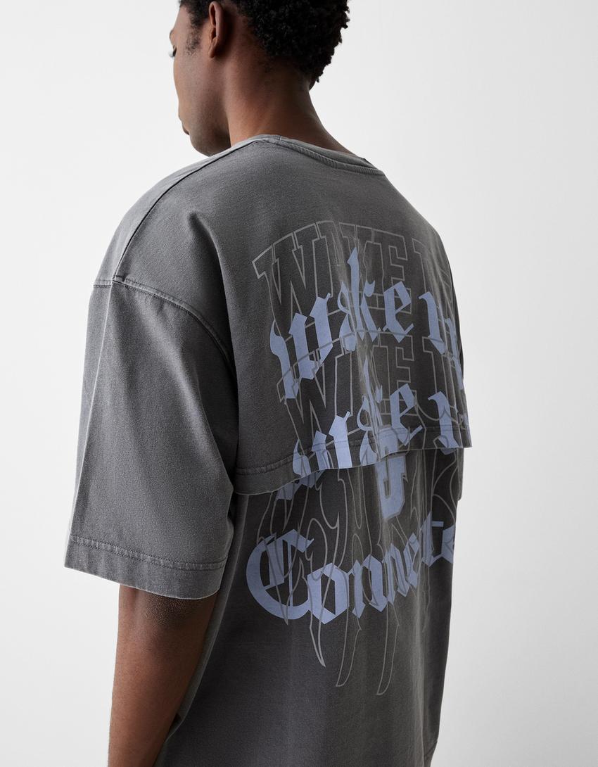T-shirt manches courtes boxy fit effet délavé imprimé-Gris-2
