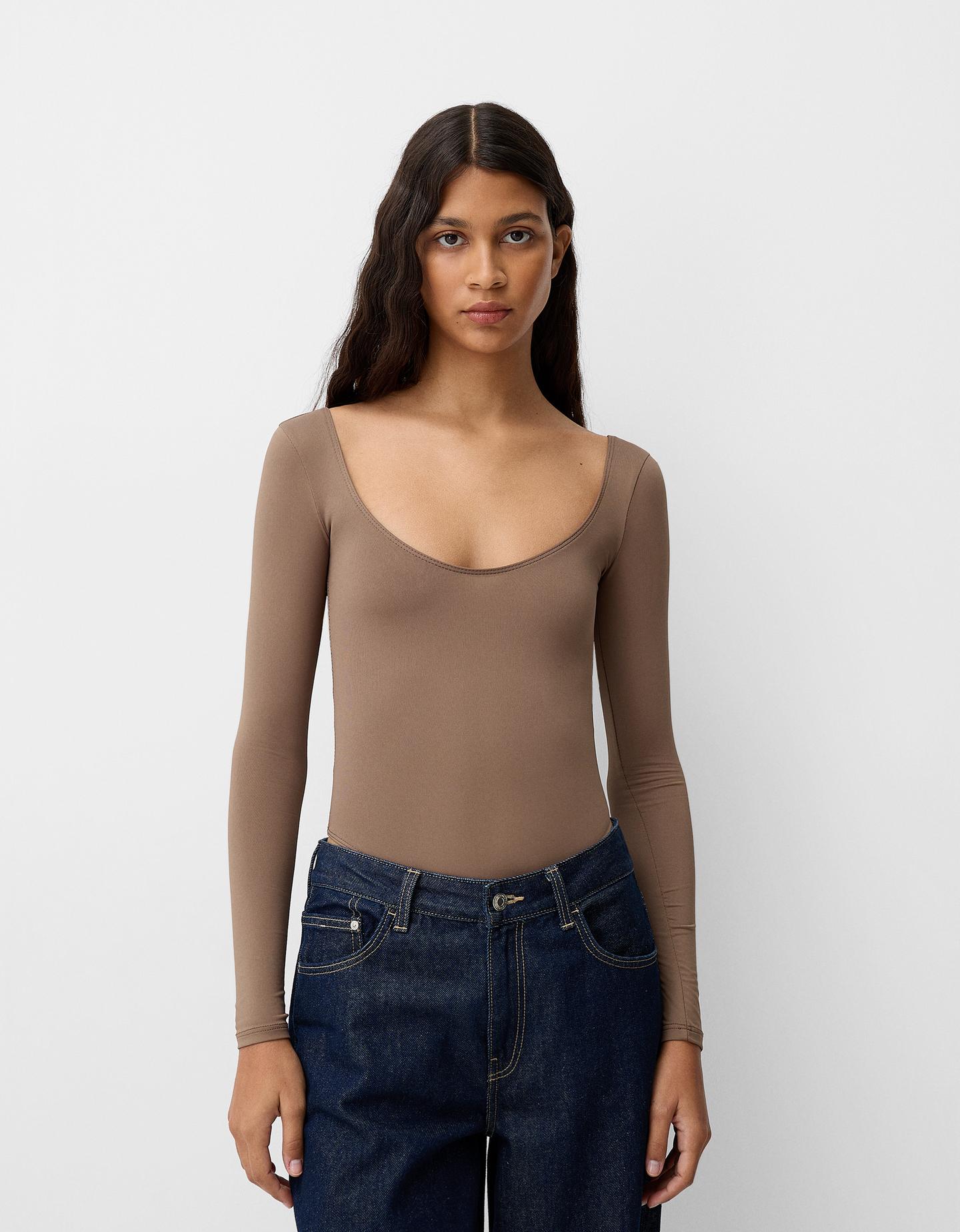 Bershka Body Manga Larga Cuello Barco Mujer M Beige