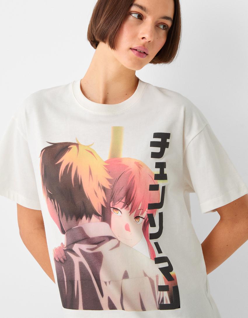 T-shirt manches courtes imprimé Chainsaw Man-Blanc cassé-2