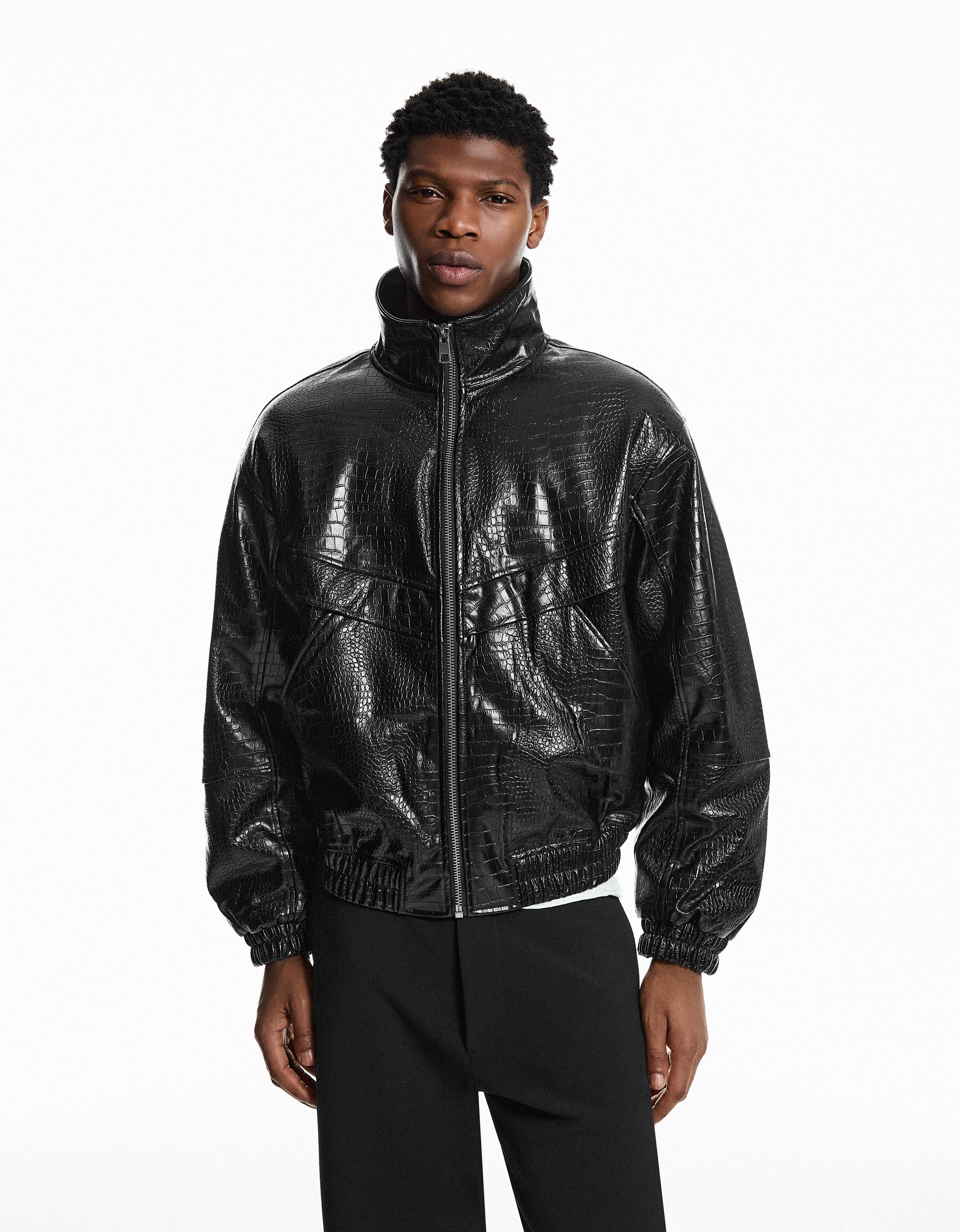 Bershka Jacke Aus Kunstleder Mit Animalprint Herren M Schwarz