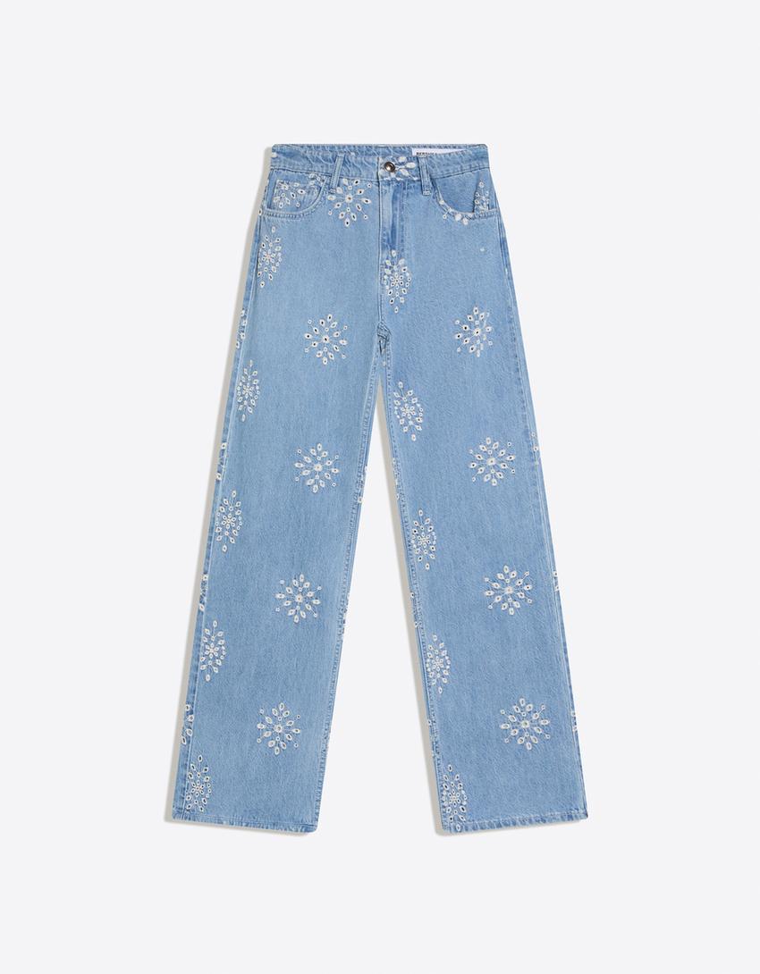 جينز مطرز بساق مستقيمة عريضة وخصر متوسط-أزرق فاتح