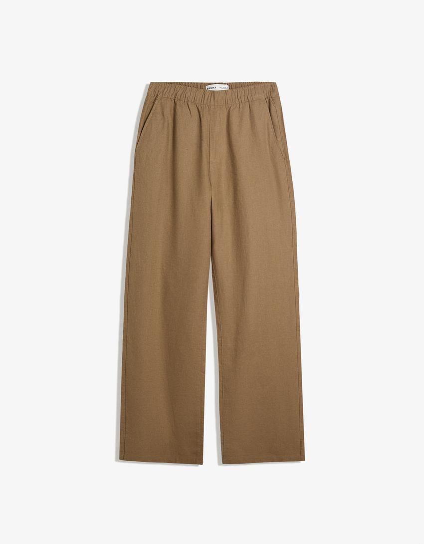 Wide-leg linen blend jogger trousers-Camel