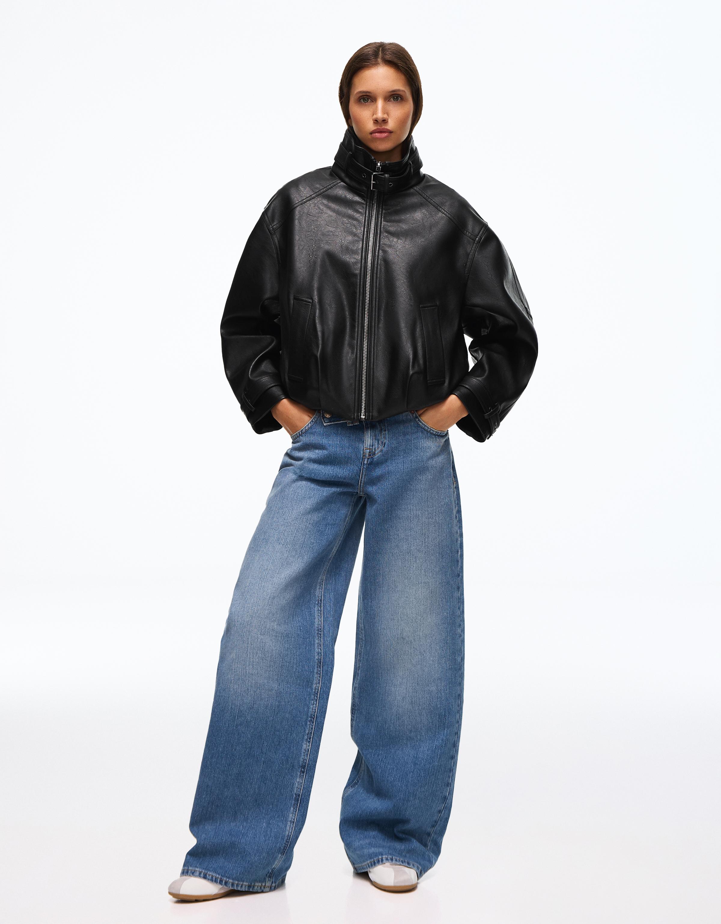 Leather effect funnel neck jacket — Black