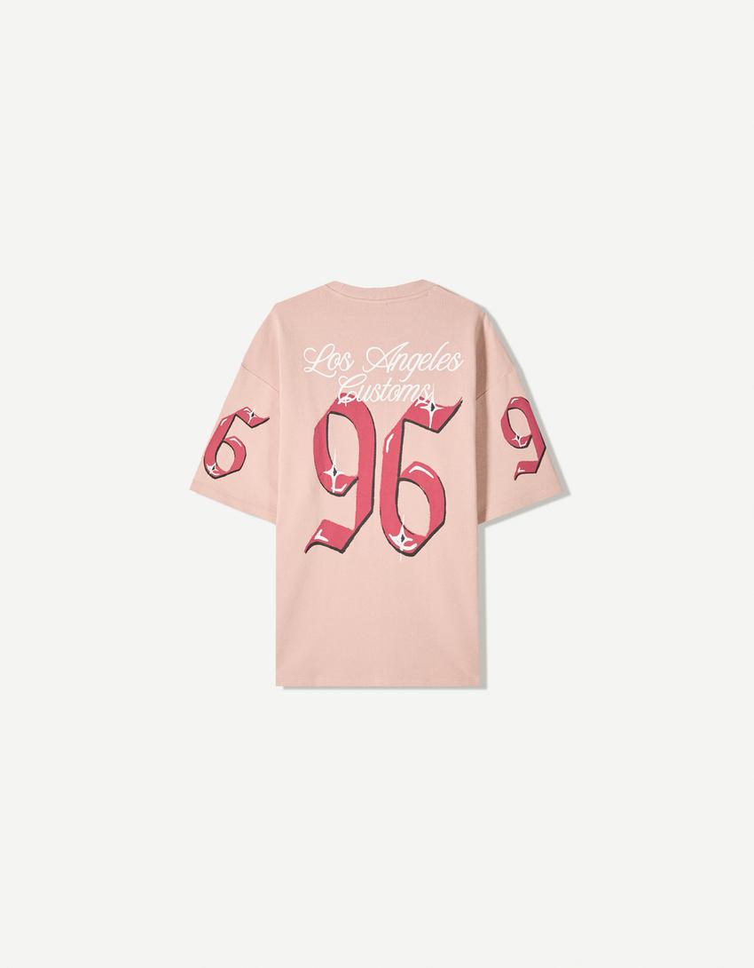 T-shirt de manga curta de felpa com estampado-Rosa