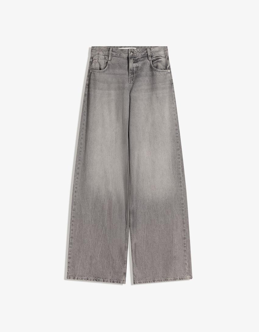 Wide-leg low-waist jeans-Grey