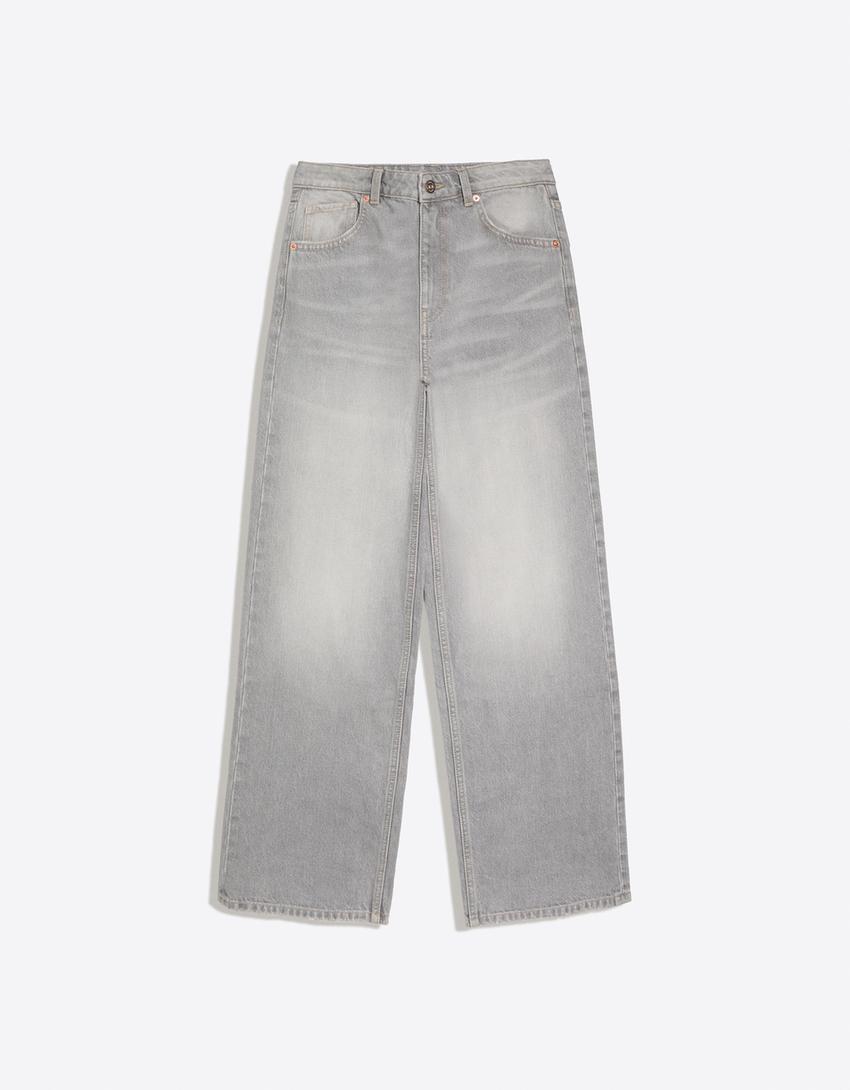 Yüksek bel straight fit geniş paça jean-Gri