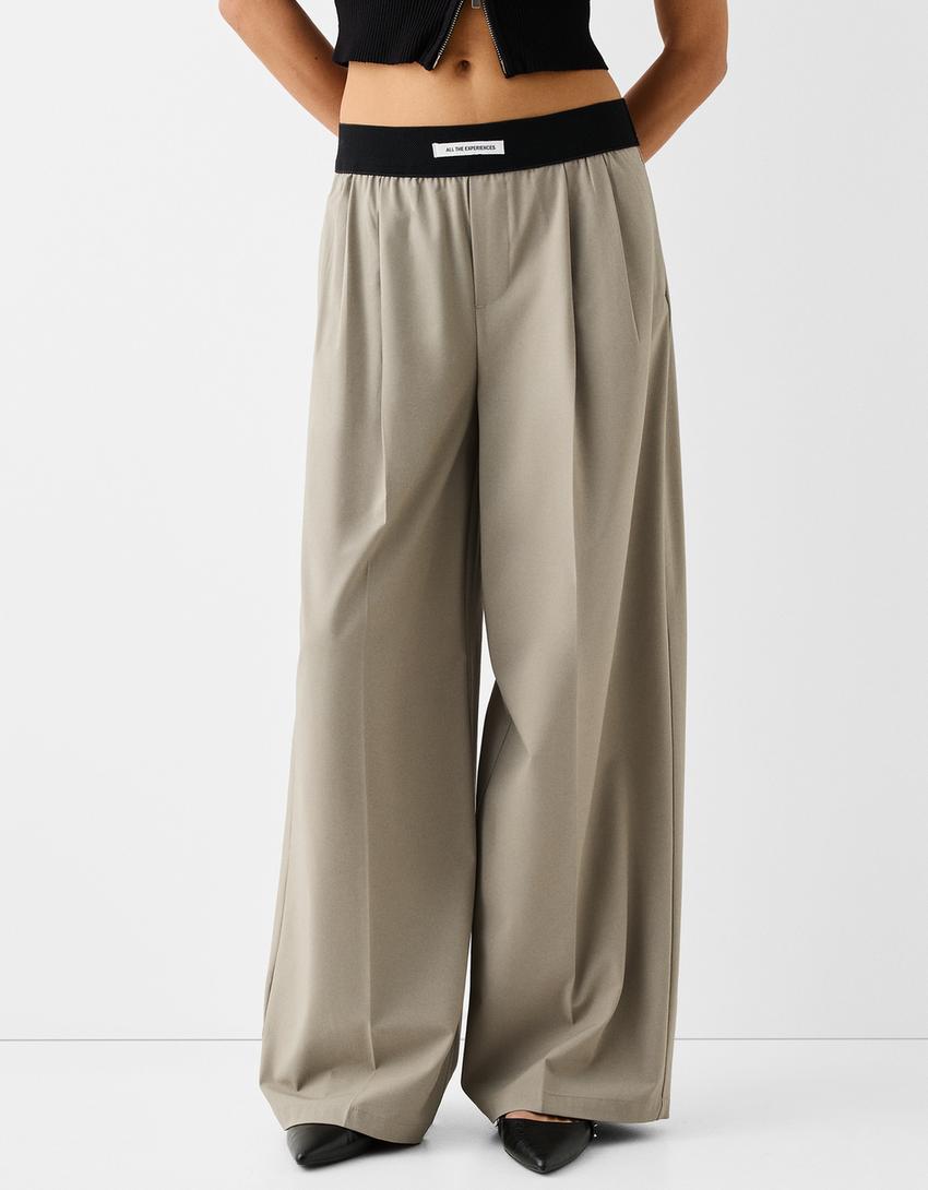 Calças wide leg tailored fit cintura borracha-Caqui-1