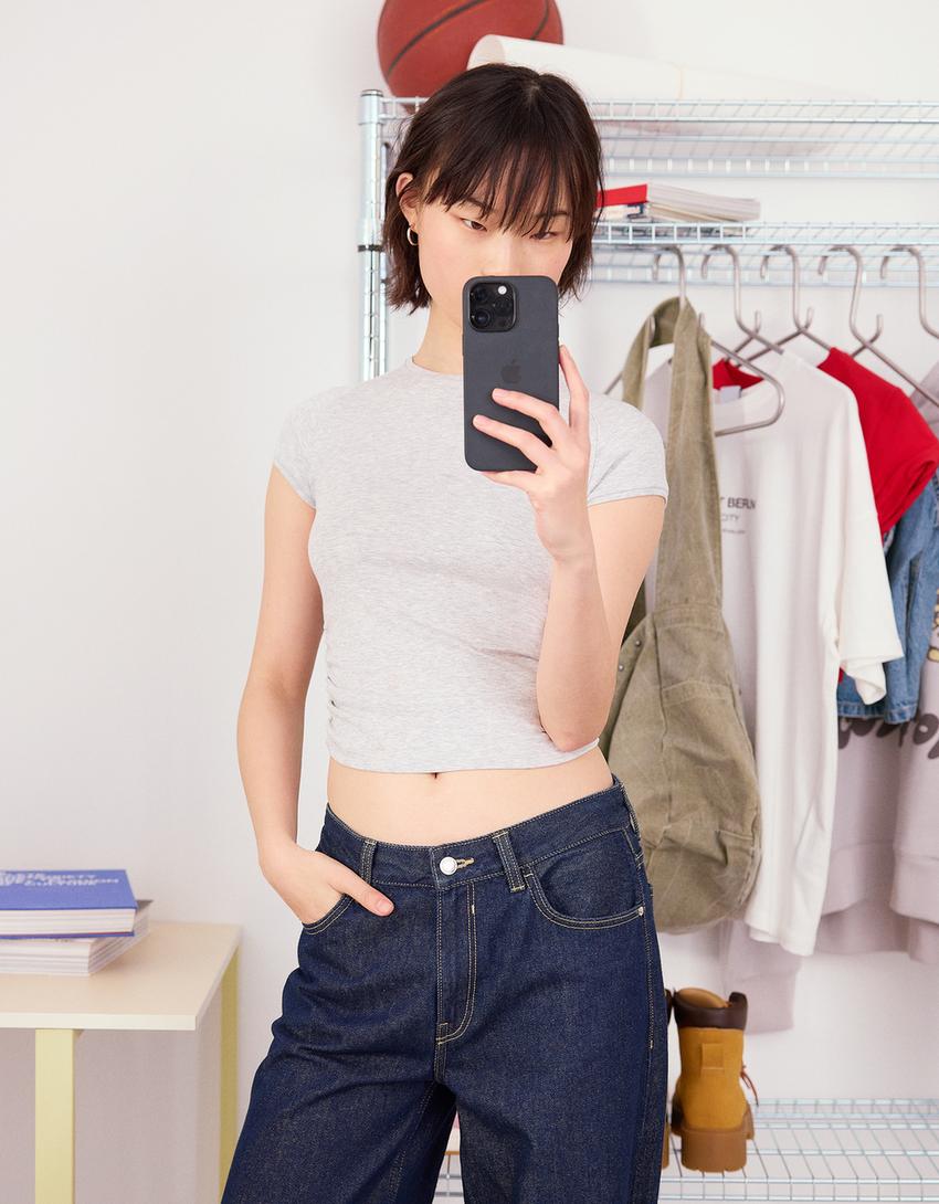 Short sleeve T-shirt with side gathering-Grey-0