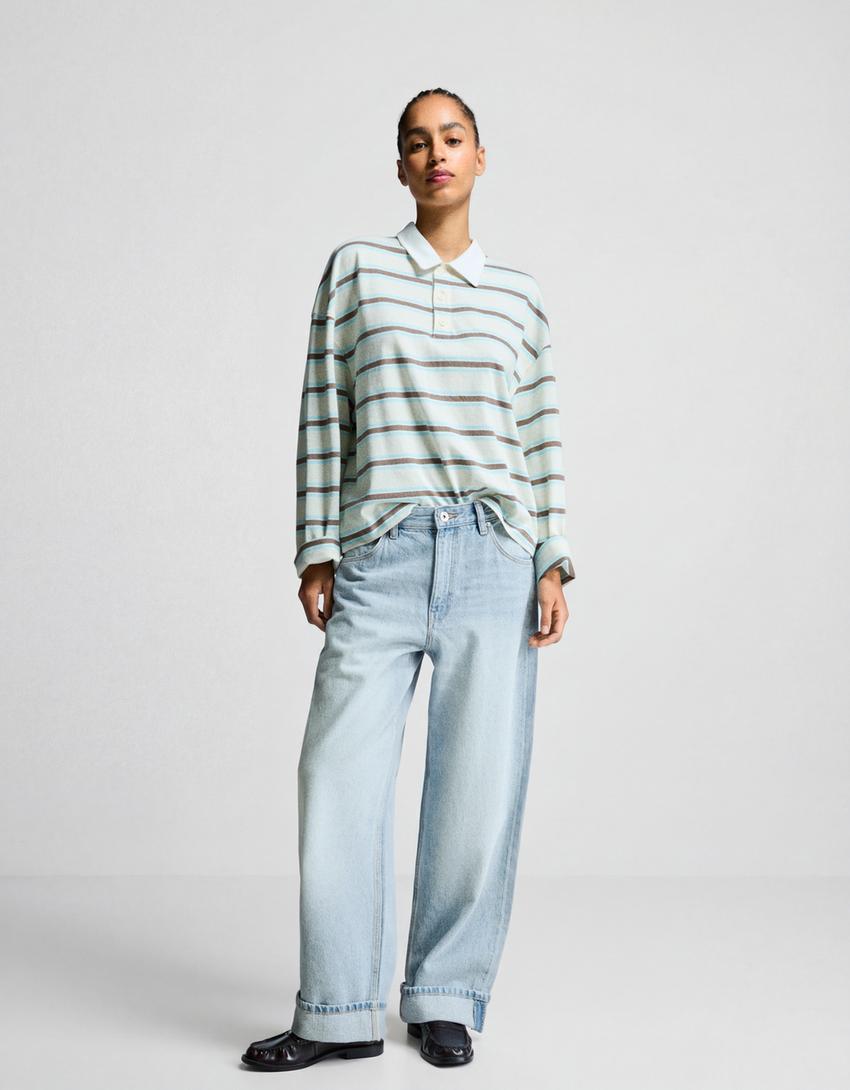 Jeans baggy low-rise model roll-up-Biru muda