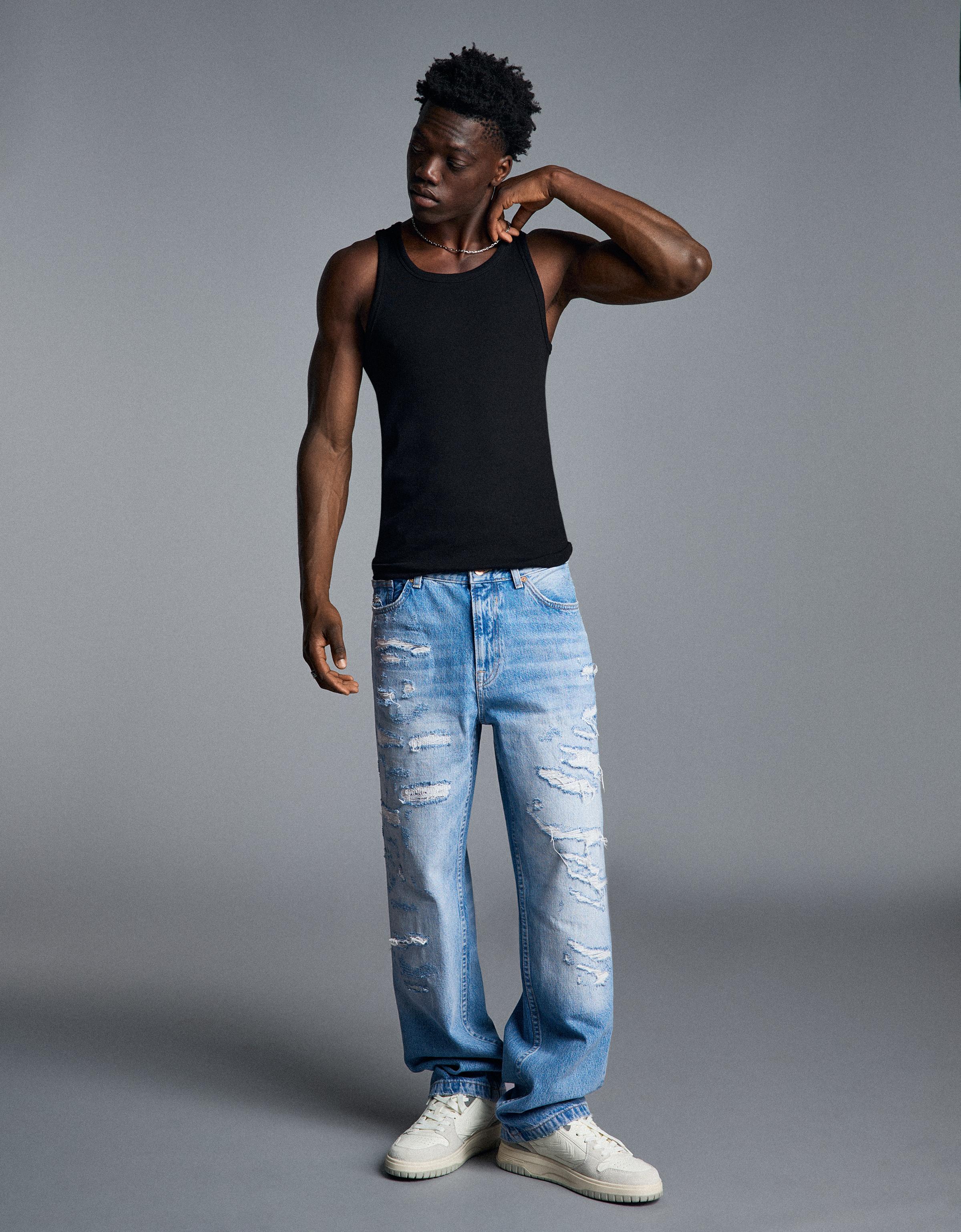 Bershka Jeans Straight Wide Rotos Hombre 32 Azul Lavado