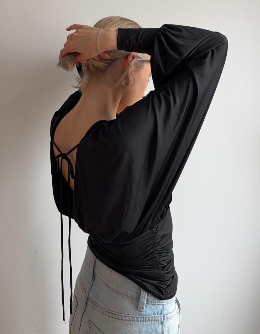 Gathered long sleeve top-Black