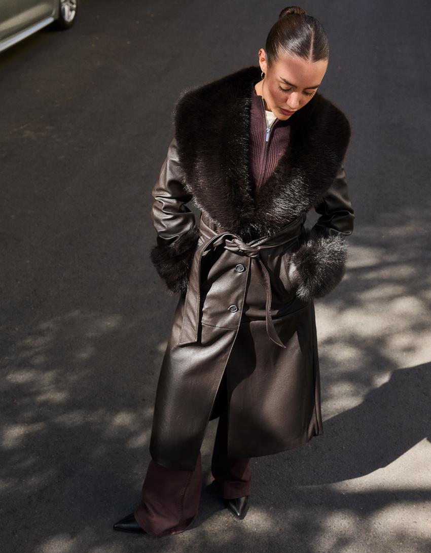 Manteau en similicuir et fausse fourrure-Marron