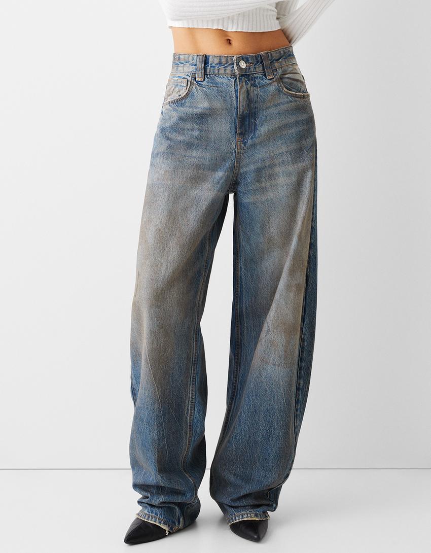 بنطال جينز طراز التسعينيات ممزق وباهت واسع الساقين-أزرق-1