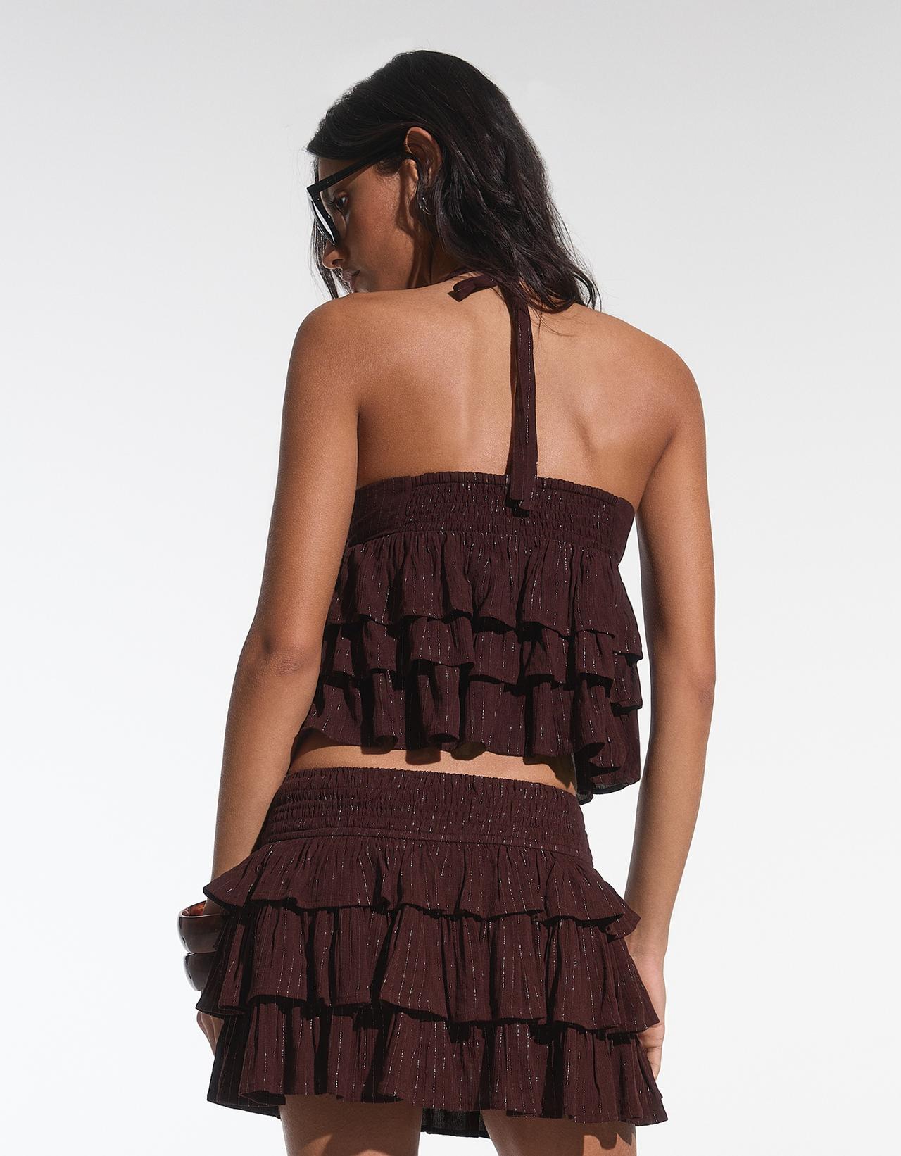 Metallic thread ruffle mini skirt — Brown