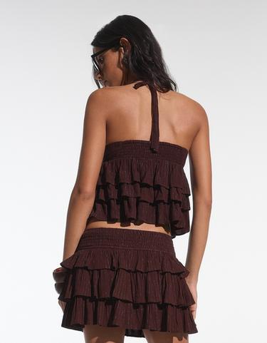 Metallic thread ruffle mini skirt — Brown 2