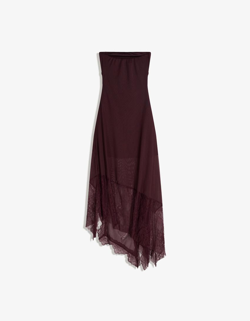 Vestido midi tul bandeau asimétrico lace-Burdeos