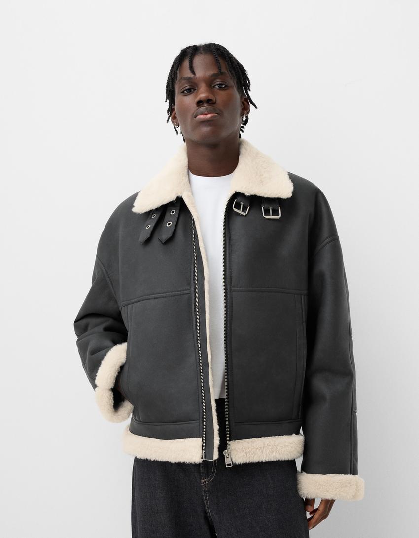 Efecto Piel Abrigo Paño Hombre Bershka Abrigo Efecto Pelo Hombre