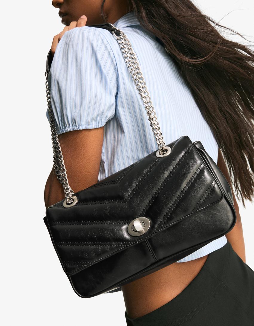 Quilted leather effect shoulder bag-Black