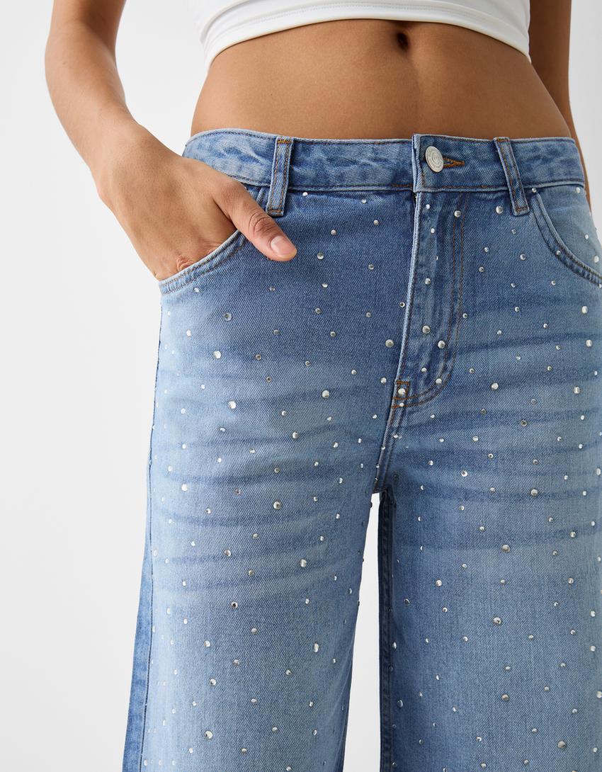 بنطلون واسع وقصير جينز بحجر الراين-أزرق فاتح-5