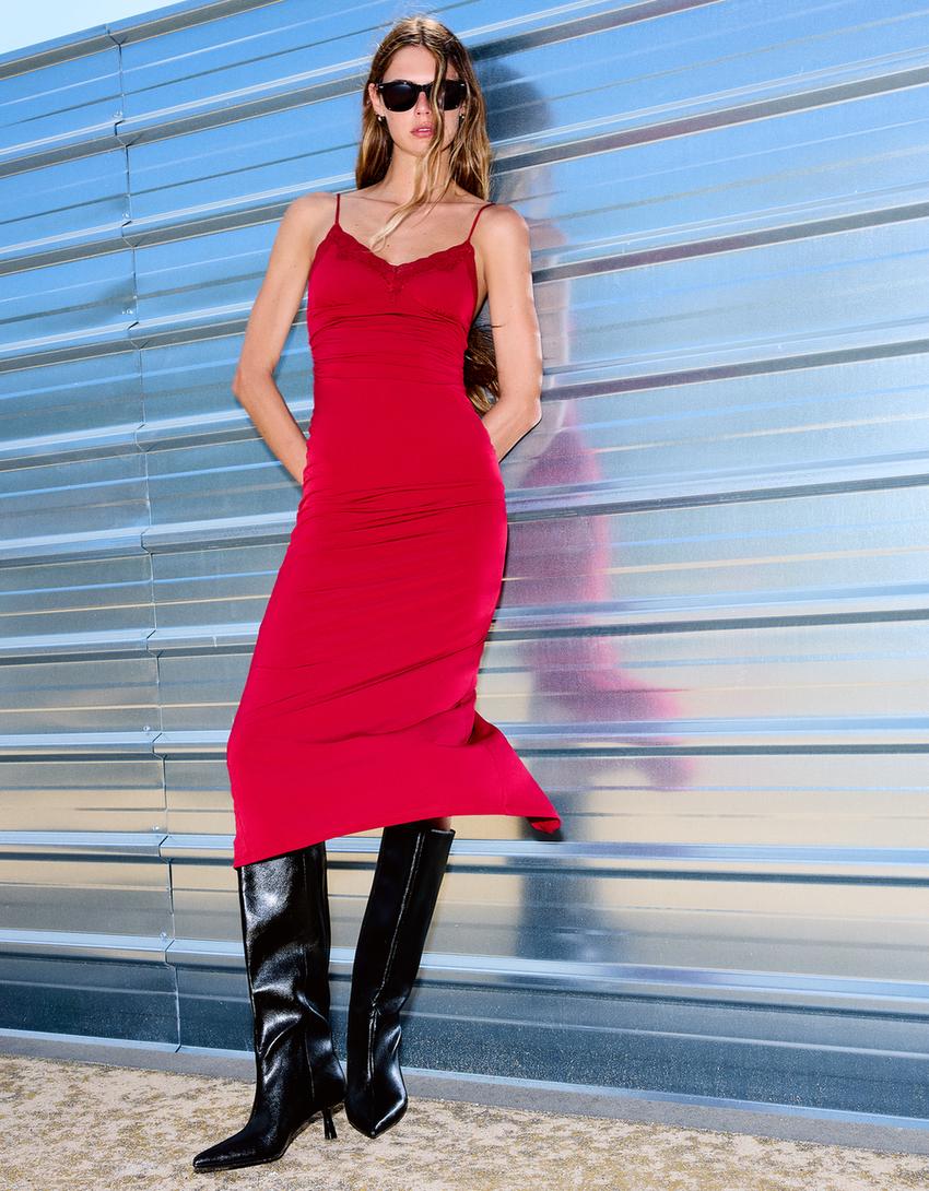 Luźna sukienka midi z koronką blonda-Czerwony-2