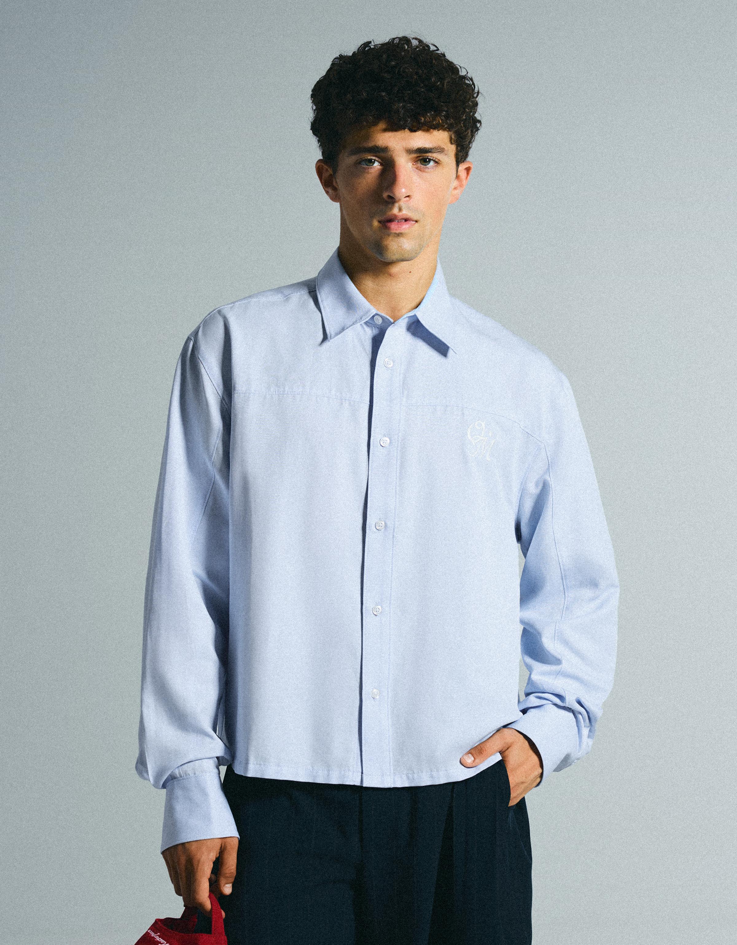 Bershka Camisa Manga Larga Print Hombre Azul Claro