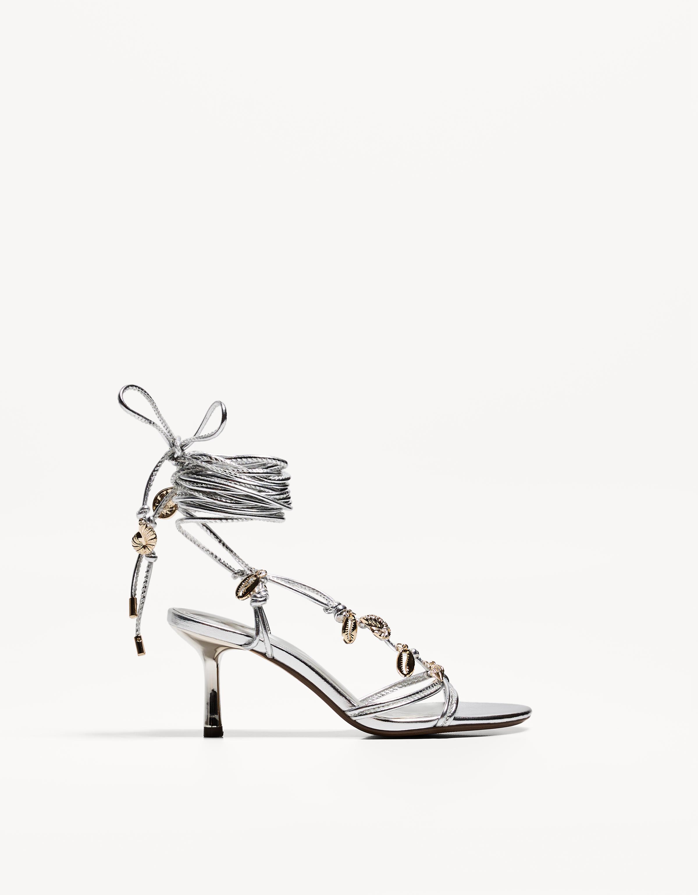 Bershka Absatzsandalen Mit Schnürung Und Schmuckstein Damen 36 Silber